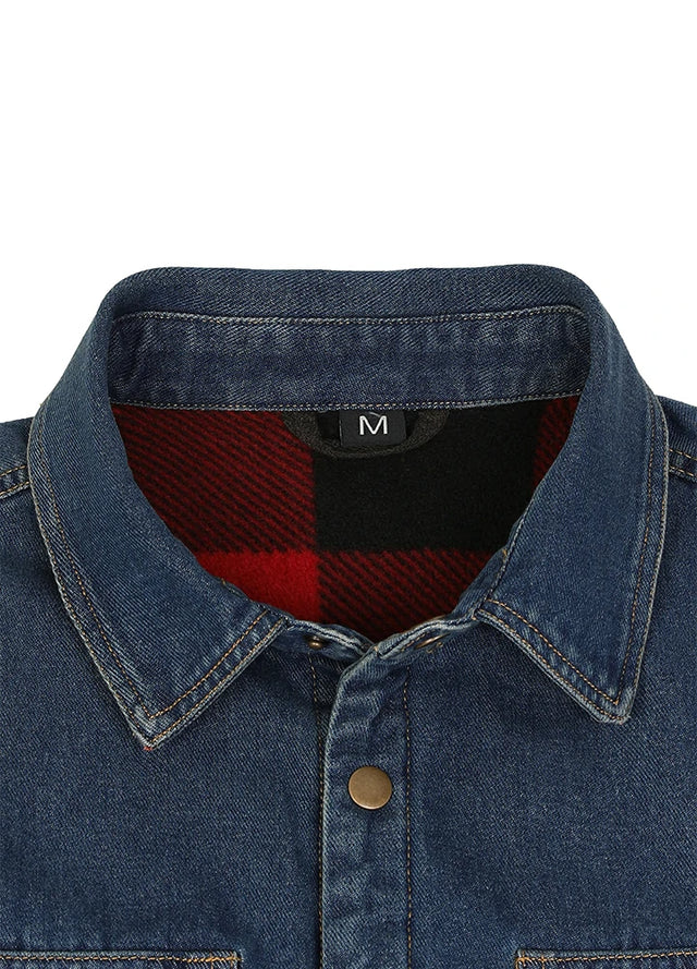 Close-up of the collar on blue men's classic denim fleece lined shirt jacket-XR8527FGL-S,XR8527FGL-M,XR8527FGL-L,XR8527FGL-XL,XR8527FGL-XXL