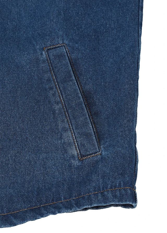Side view of blue men's classic denim fleece lined shirt jacket-XR8527LS-S,XR8527LS-M,XR8527LS-L,XR8527LS-XL,XR8527LS-XXL
