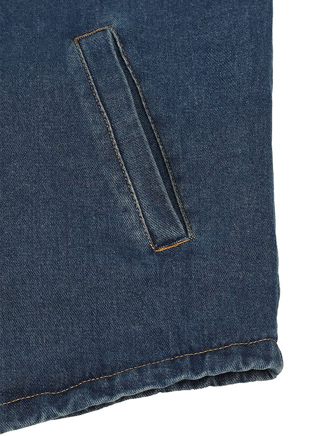 Side view of blue men's classic denim fleece lined shirt jacket-XR8527FGL-S,XR8527FGL-M,XR8527FGL-L,XR8527FGL-XL,XR8527FGL-XXL