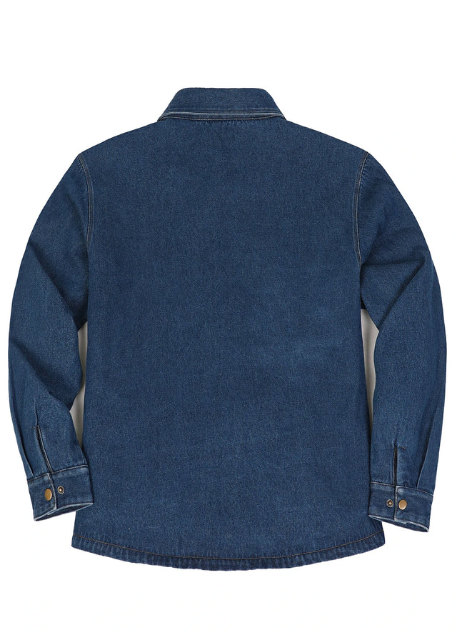 Back view of blue women's classic fleece lined denim shirt jacket-XR8528LS-S,XR8528LS-M,XR8528LS-L,XR8528LS-XL,XR8528LS-XXL
