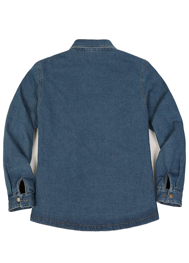 Back view of vintage blue women's classic fleece lined denim shirt jacket-XR8528FGL-S,XR8528FGL-M,XR8528FGL-L,XR8528FGL-XL,XR8528FGL-XXL