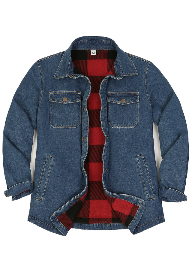 Front view of vintage blue women's classic fleece lined denim shirt jacket-XR8528FGL-S,XR8528FGL-M,XR8528FGL-L,XR8528FGL-XL,XR8528FGL-XXL