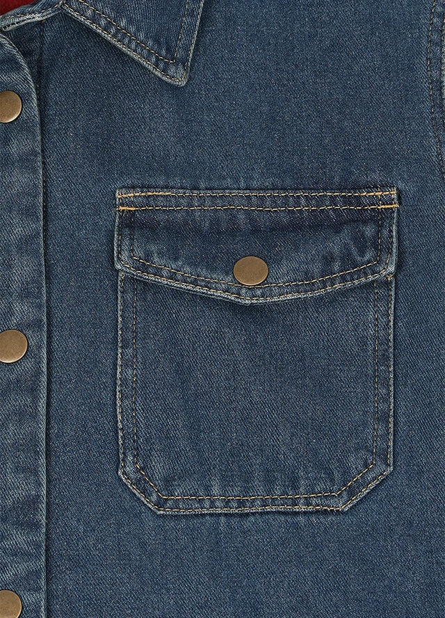 Close-up of the hand pocket on vintage blue women's classic fleece lined denim shirt jacket-XR8528FGL-S,XR8528FGL-M,XR8528FGL-L,XR8528FGL-XL,XR8528FGL-XXL
