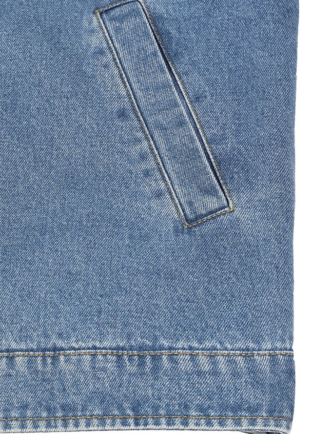 Close up of the handpocket of a blue denim jacket with a dark brown corduroy collar-XR8539LS-S,XR8539LS-M,XR8539LS-L,XR8539LS-XL,XR8539LS-XXL