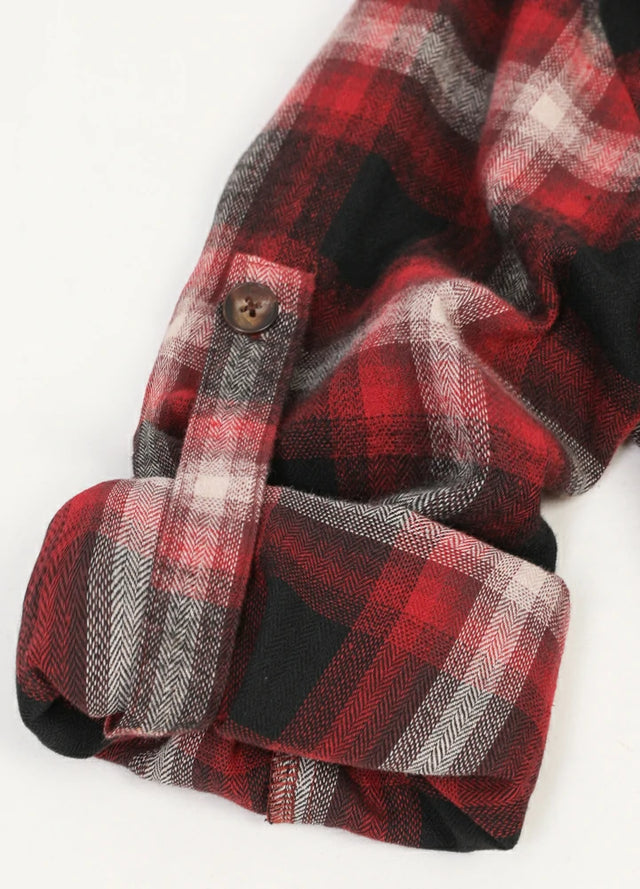 Zoomed-in of women's burgundy soft warm plaid shirt roll up cuffs