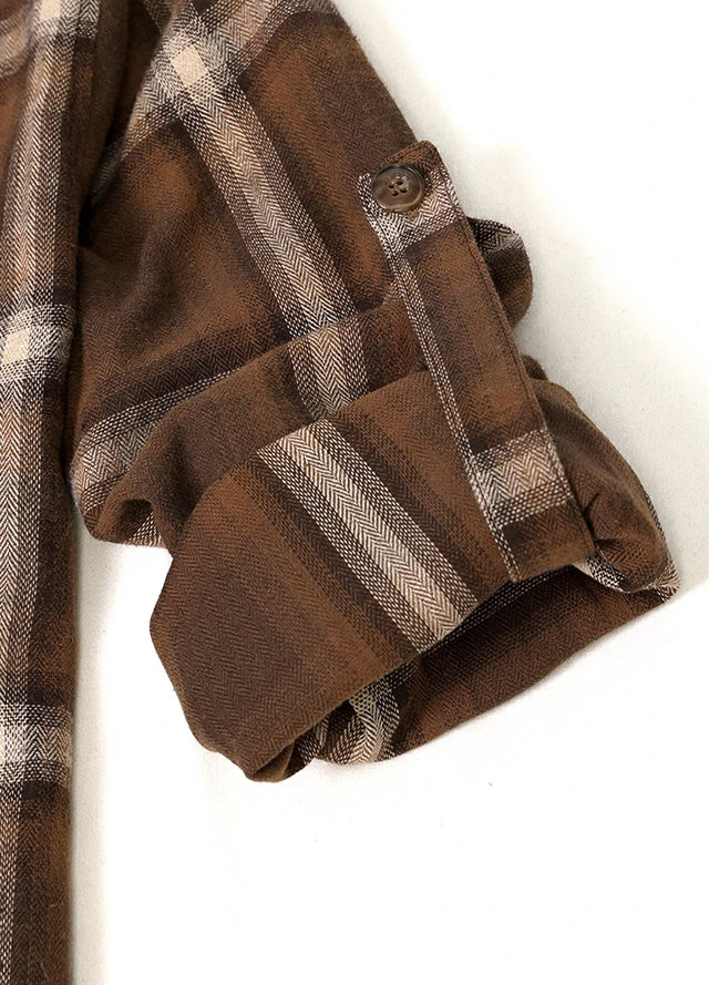 Zoomed-in of women's brown soft warm plaid flannel shirt roll up cuffs