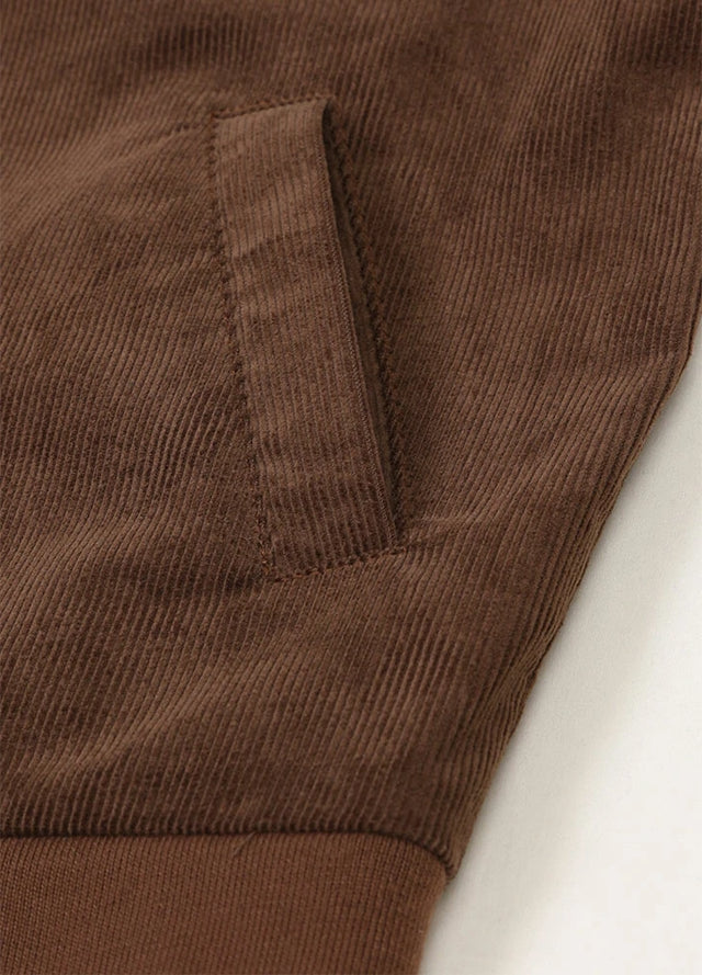 Zoomed-in view of the hand pocket on a women's vintage brown corduroy jacket