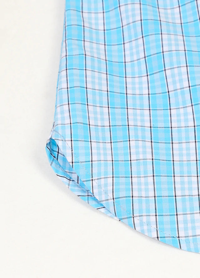 Zoomed-in view of the hem on a women's summer baby blue plaid vest