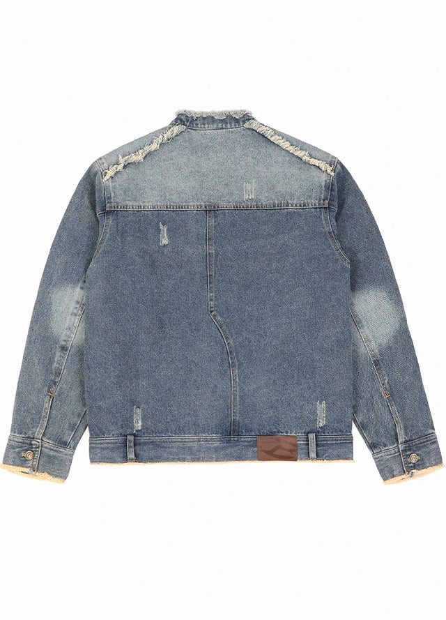 Aged Washed Raw-Edge Collar Denim Jacket