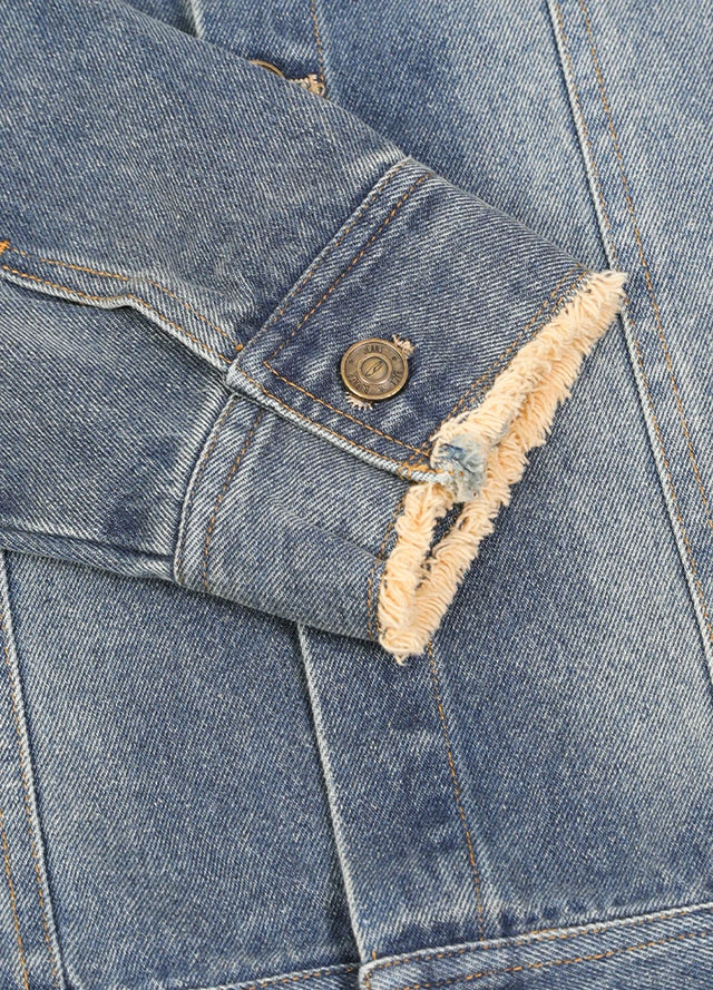 Aged Washed Raw-Edge Collar Denim Jacket