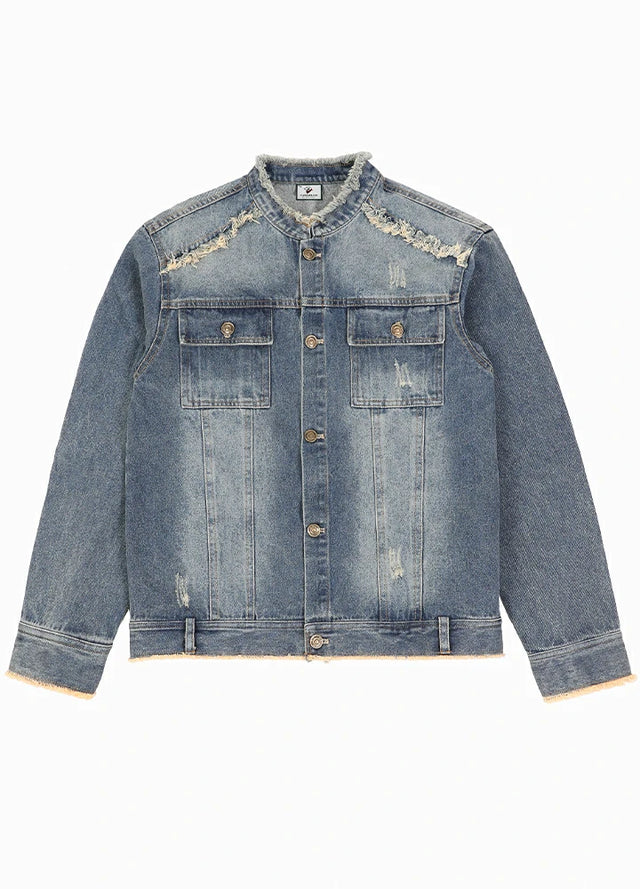 Aged Washed Raw-Edge Collar Denim Jacket