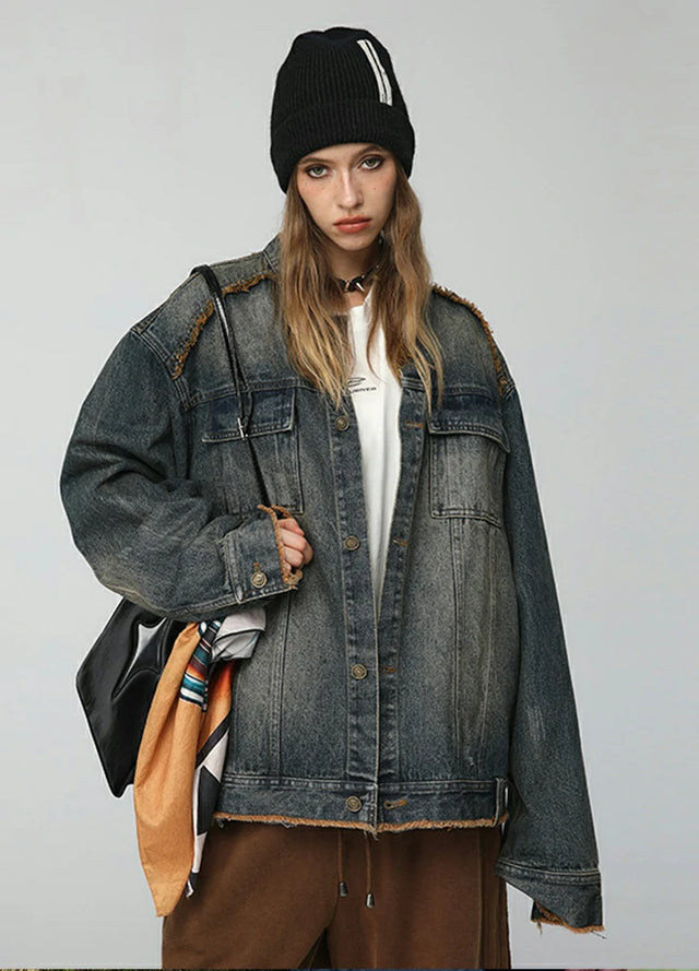Aged Washed Raw-Edge Collar Denim Jacket