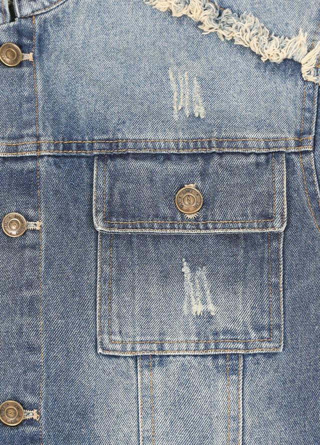 Aged Washed Raw-Edge Collar Denim Jacket