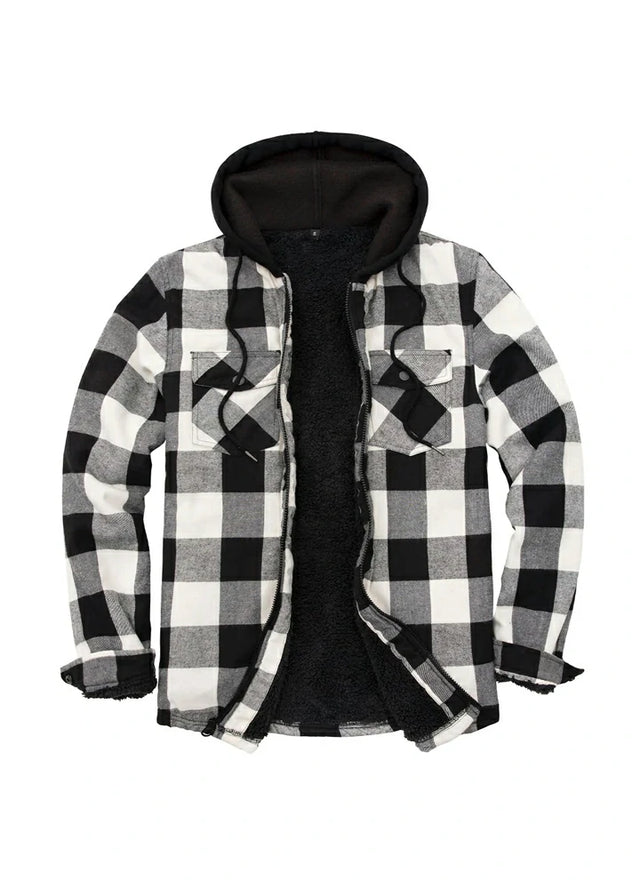 Front view of black beige men's zipper flannel shirt jacket with hood
