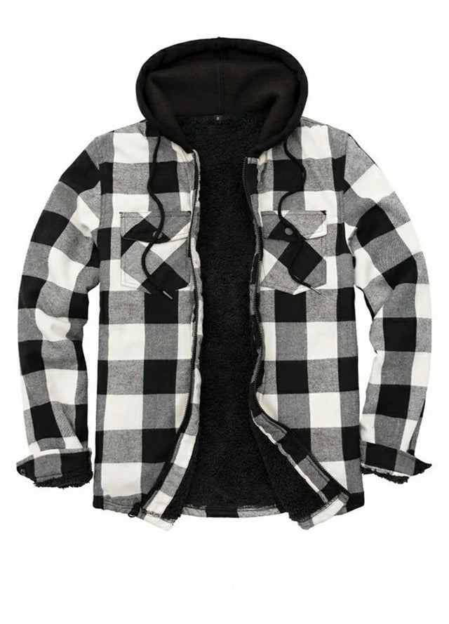 Front view of black beige men's zipper flannel shirt jacket with hood