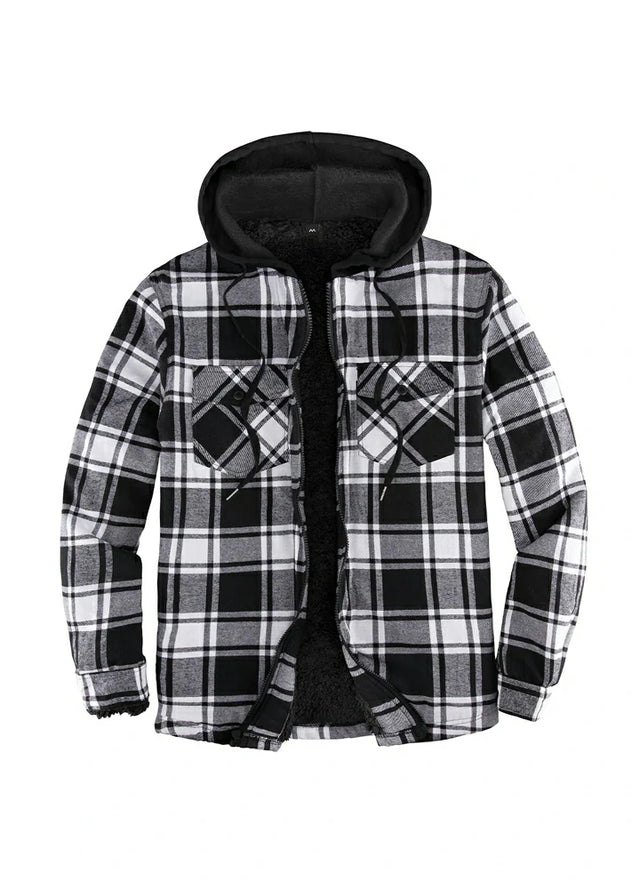 Front view of black white men's zipper flannel shirt jacket with hood