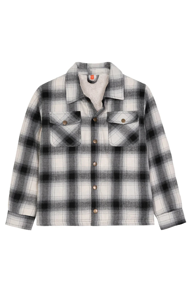 Front view of kids black and white flannel shacket