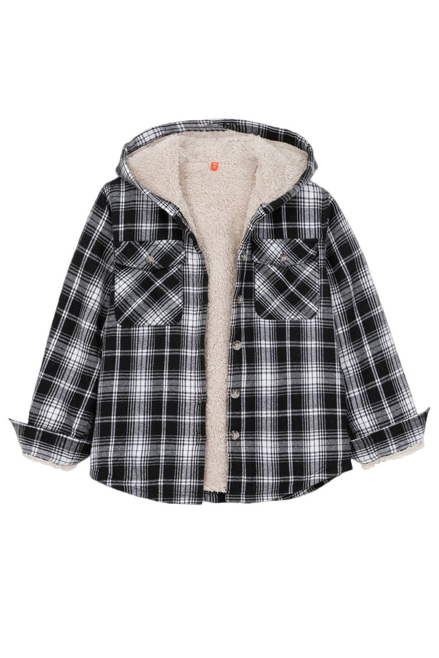 Front view of boys black grey white flannel shirt jacket