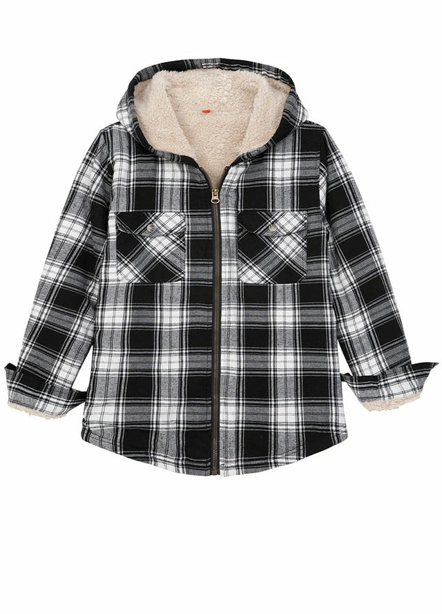 Front view of black white toddler plaid flannel shacket
