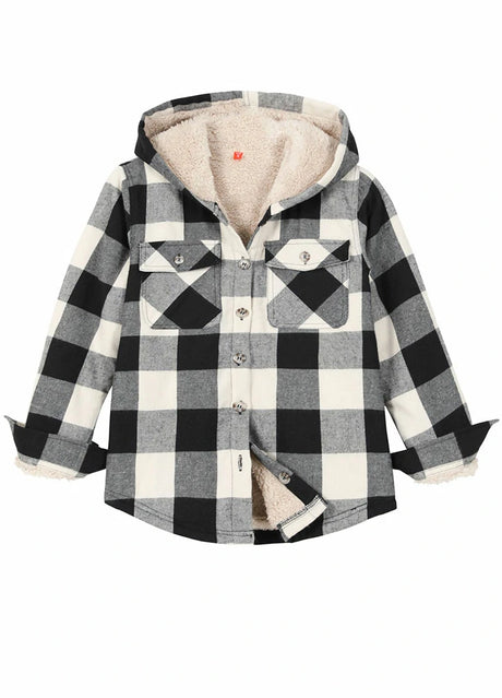 Front view of boys black black beige flannel jacket for ourdoor
