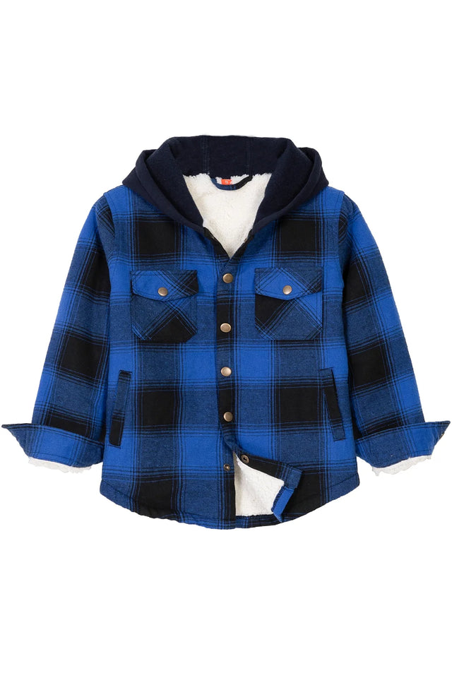 Front view of kids fleece-lined black blue flannel jacket