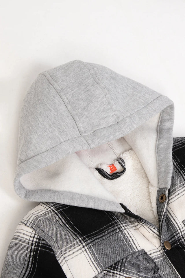 Close-up of the hood of midnight black toddler sherpa lined snap flannel