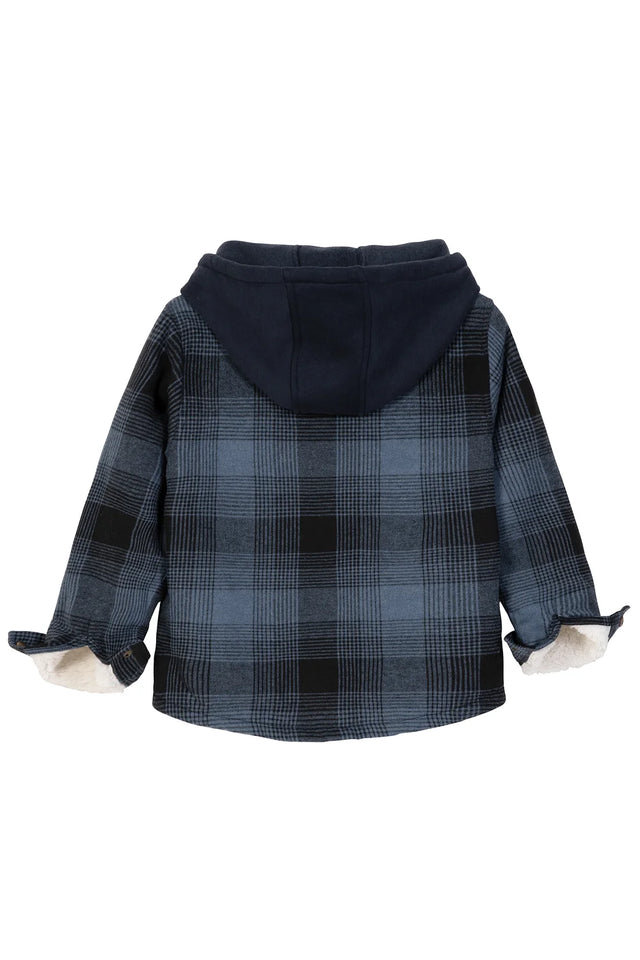 Back view of deep blue toddler zipper plaid flannel hoodie
