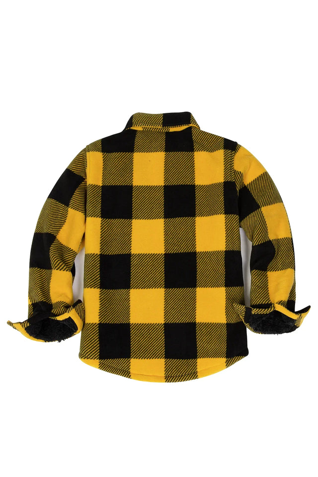 Back view of girls yellow black fleece flannel shirt jacket