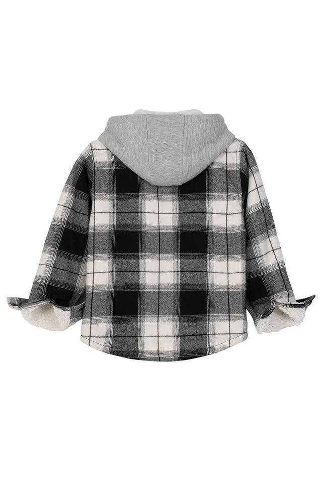 Back view of kids bblack grey white sherpa lined flannel jacket with hood