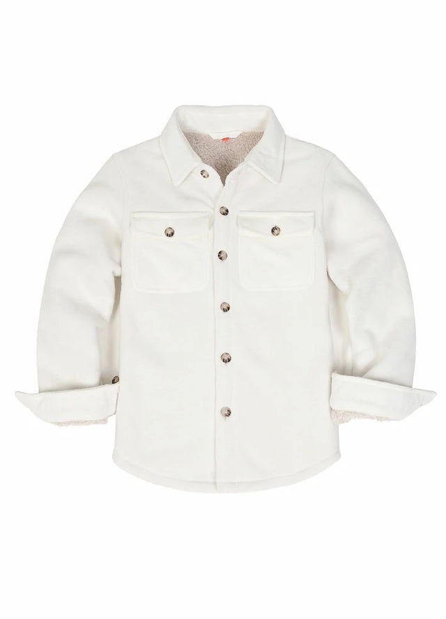 Front view of girls white fleece flannel shirt jacket