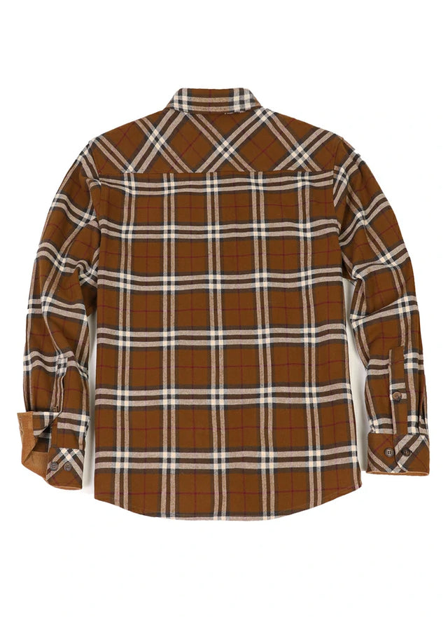 Back view of brown men's timberline midweight cotton flannel shirt