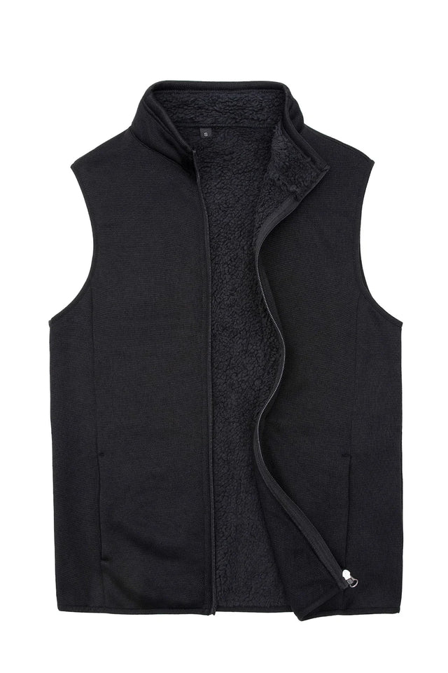 Front view of black men's sweater fleece vest