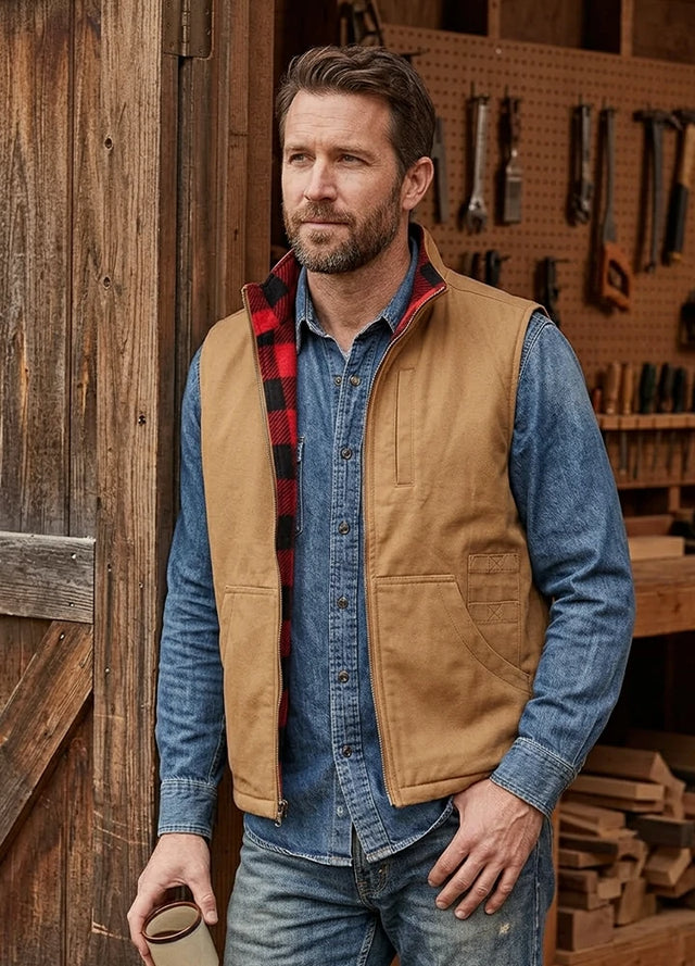 Product view of dark coffee men's reversible vest plaid fleece lined outdoor vests-XR603KF0S,XR603KF0M,XR603KF0L,XR603KF0XL,XR603KF0XXL