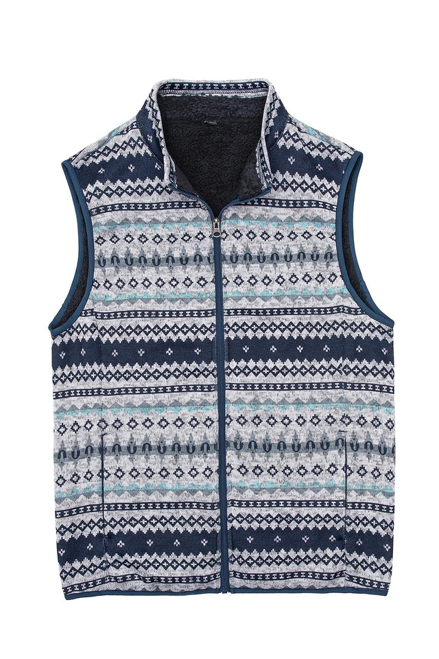 Front view of grey navy men's sweater fleece vest