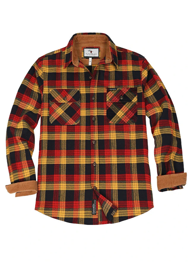Front view of yellow red men's timberline midweight flannel shirt