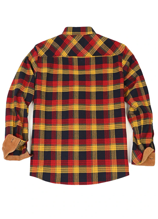 Back view of yellow leaf red men's timberline midweight cotton flannel shirt