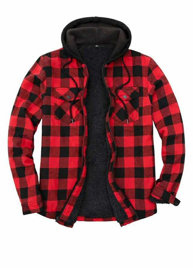 Front view of checkered red men's zipper flannel shirt jacket with hood