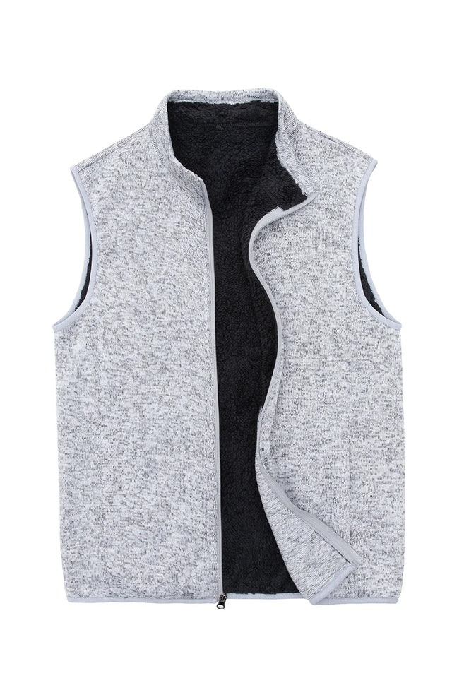 Front view of light grey men's sweater fleece vest