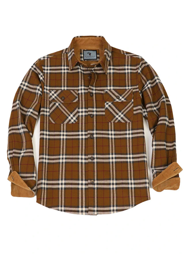 Front view of brown men's timberline midweight flannel shirt