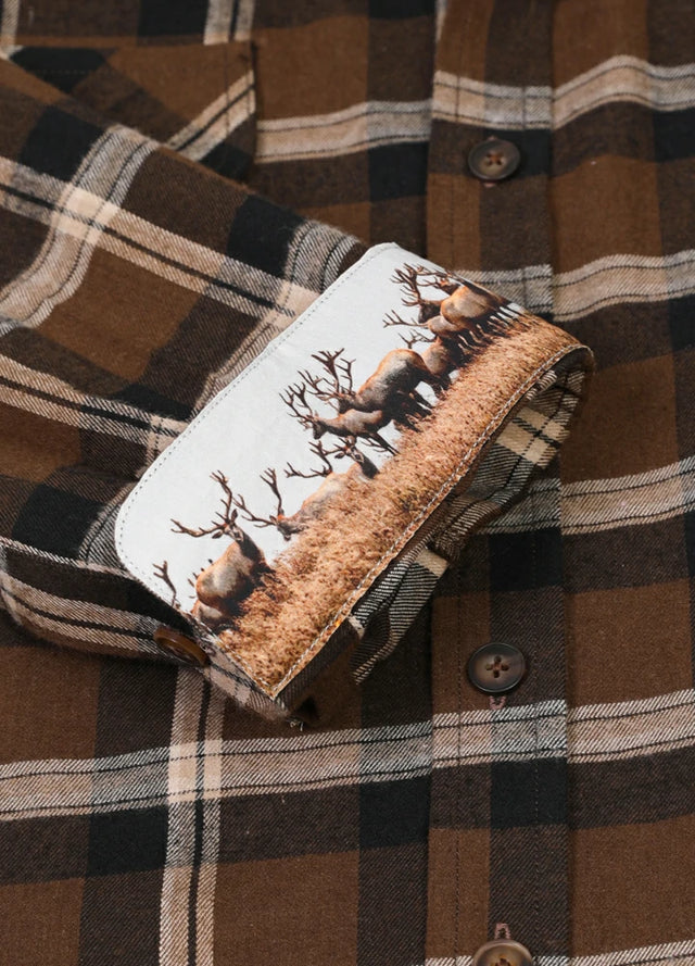 Detailed view of the cuff of mocha men's wildlife adventure button flannel shirt