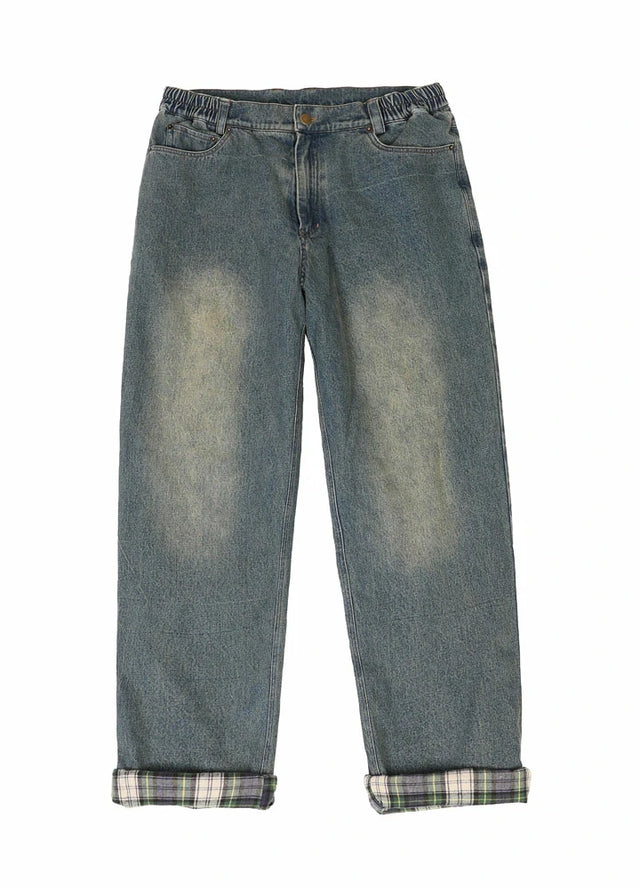 Front view of men's vintage blue straight leg flannel lined jeans