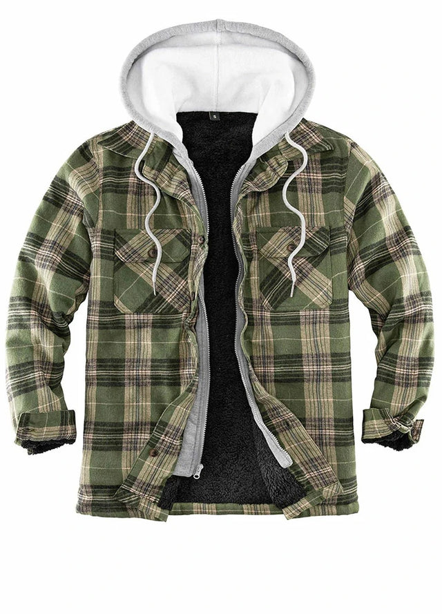 Front view of light green men's sherpa lined plaid flannel shacket