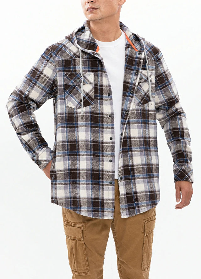 Man in a coffee white men's brushed heavyweight flannel hoodie