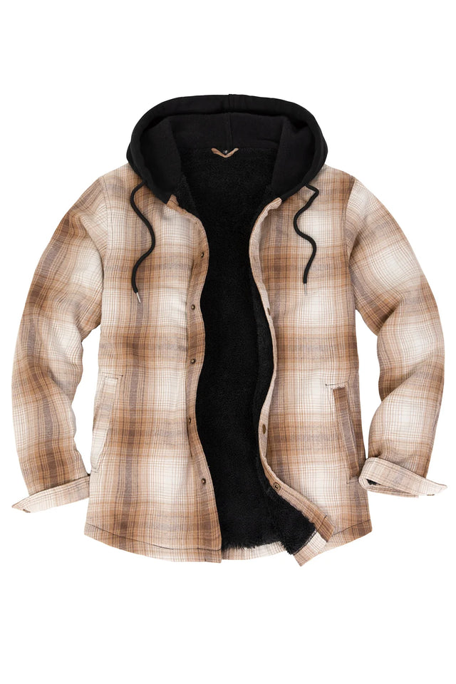 Front view of khaki men's flannel hoodie