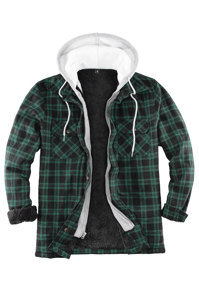 Front view of green black men's sherpa lined flannel shacket