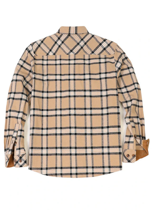 Back view of light khaki men's timberline midweight cotton flannel shirt