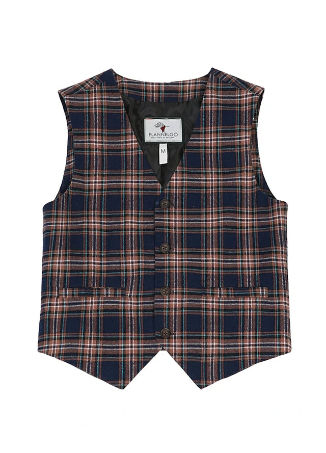 Front view of kids navy brown dressy suit vest