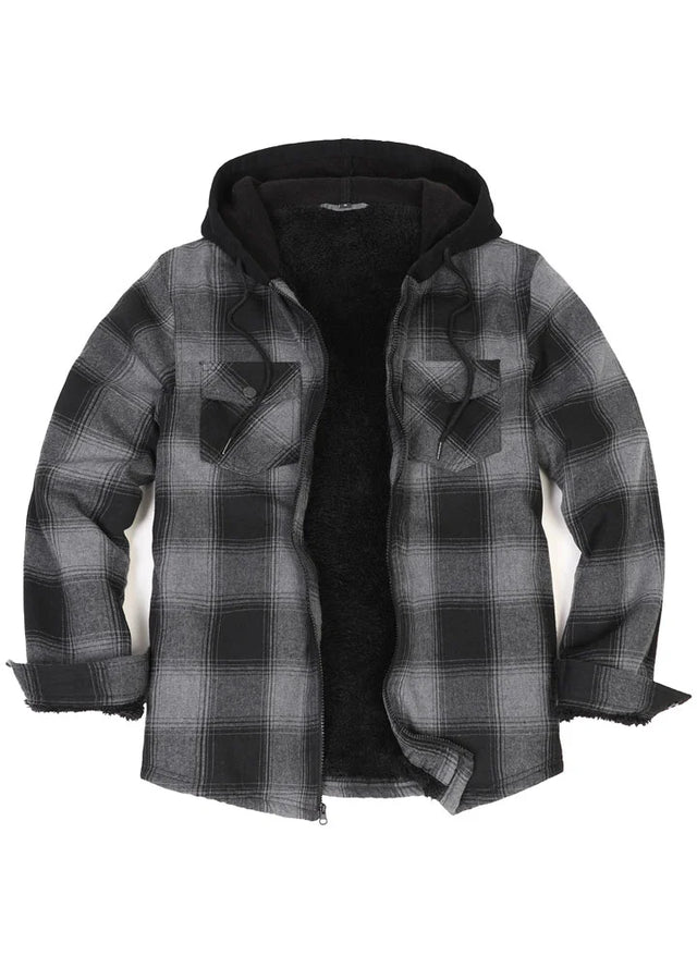 Front view of men's black gray zipper flannel shacket with sherpa lining