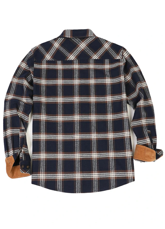 Back view of navy coffee men's timberline midweight cotton flannel shirt