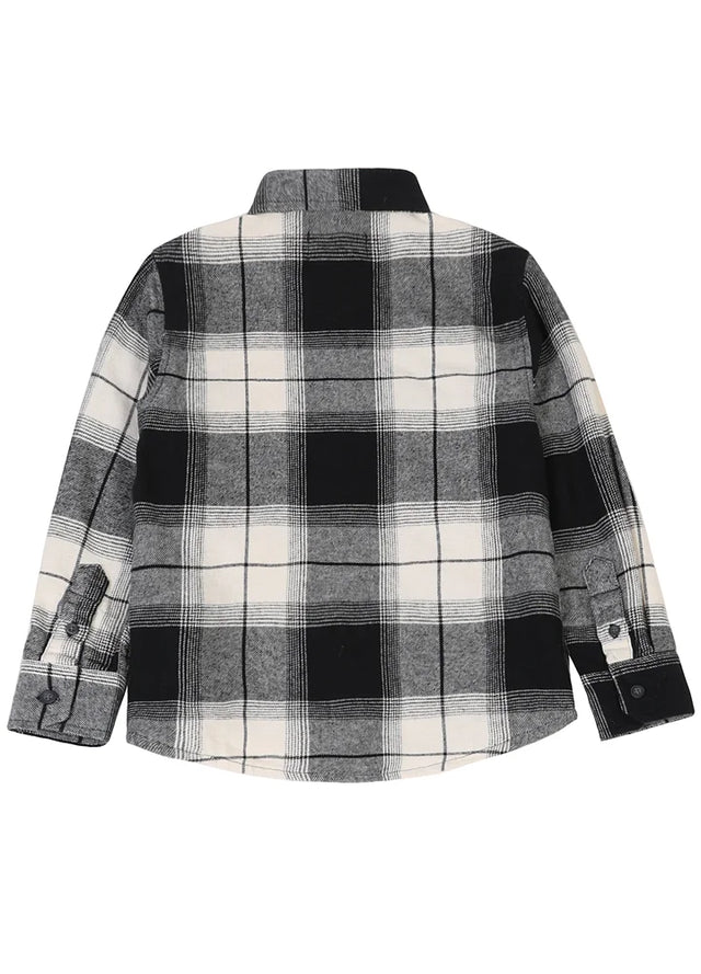 Back view of kids black white soft-brushed plaid flannel shirt